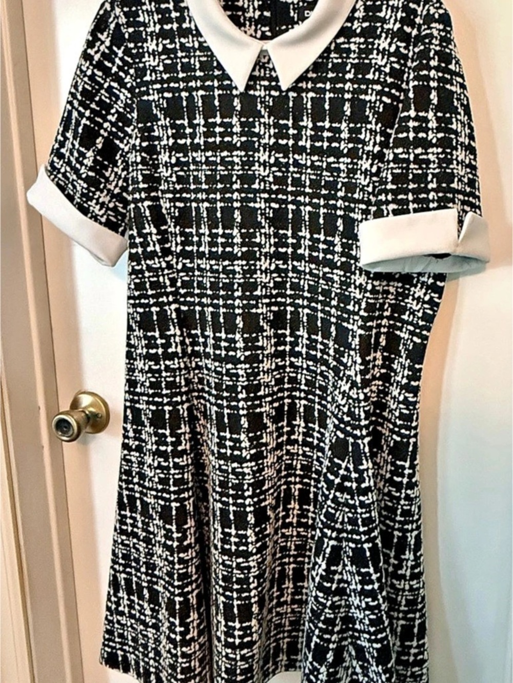DKNY Black White Plaid Fit & Flare Dress Peter Pan Collar Size 16